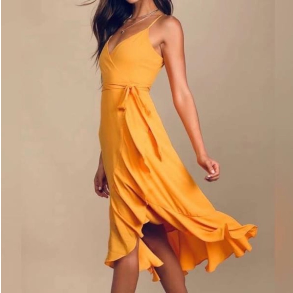 LuLu’s Manhattan Moment Yellow Ruffled Midi Wrap Dress, size M